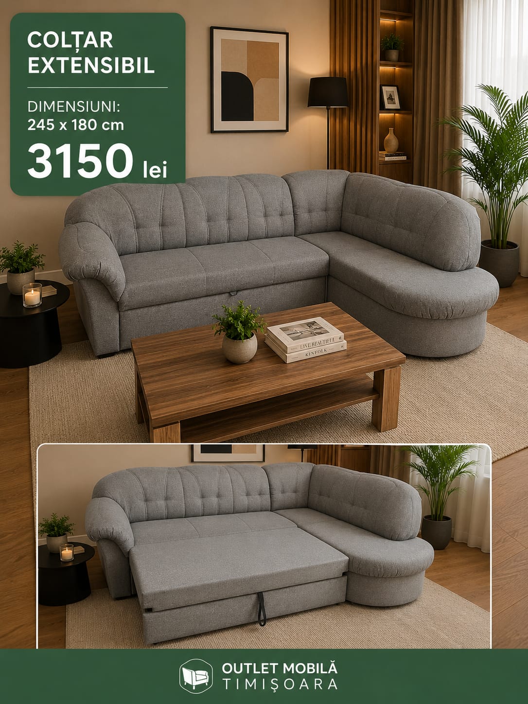 Colțar extensibil 245x180 cm din showroom
