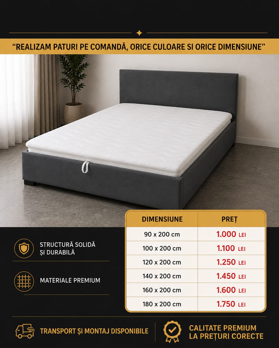 Pat matrimonial tapițat cu ladă de depozitare